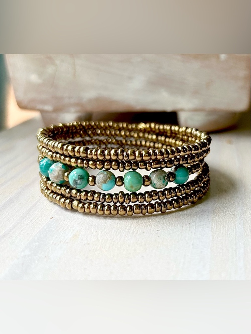 Handcrafted Kingman Turquoise Wrap Bracelet with Brass-tone Beads - 2” diameter